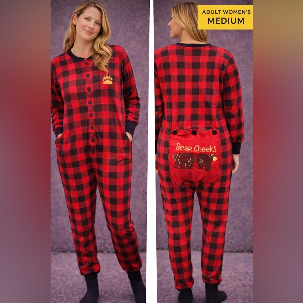 Red & Black Buffalo Plaid 'Bear Cheeks' One-Piece Pajama one piece MEDIUM